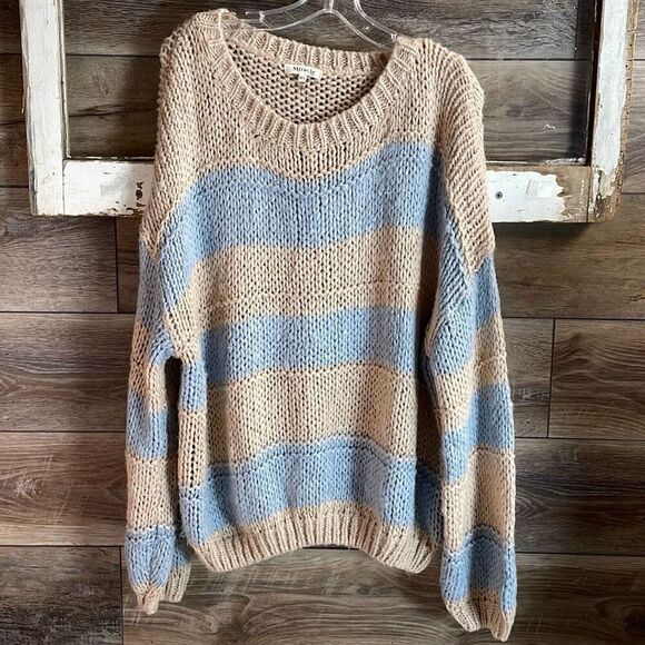 MIRACLE STRIPED ROUND NECK BUBBLE SLEEVE OVERSIZED CABLE KNIT SWEATER SZ M/L - Picture 1 of 9